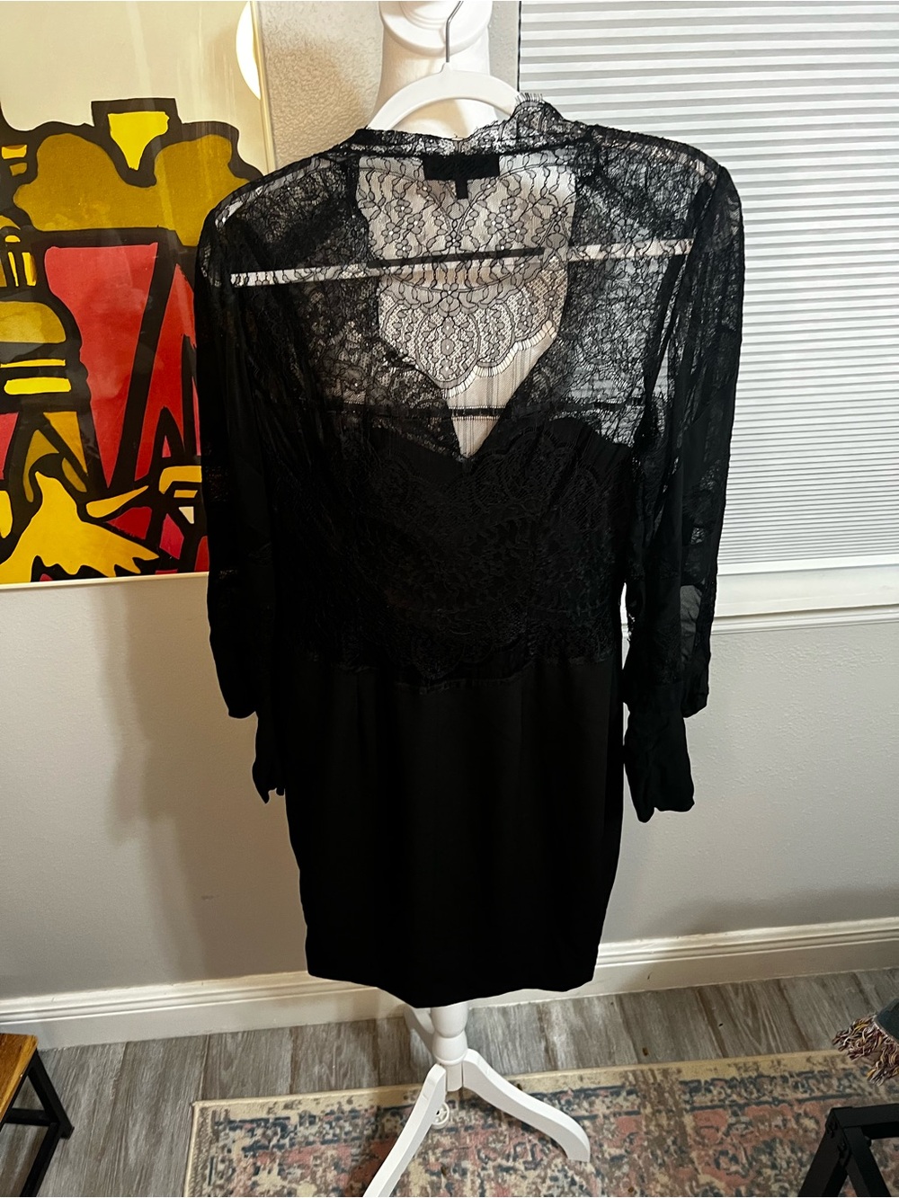 Bastyan Mid-length dress Black Lace Sweat Heart Long Sleeve 8 Medium - Picture 2 of 13